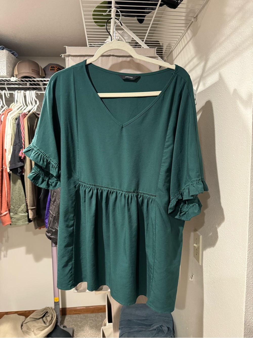 Women's Deep Teal V-Neck Ruffle Sleeve Peplum Tunic